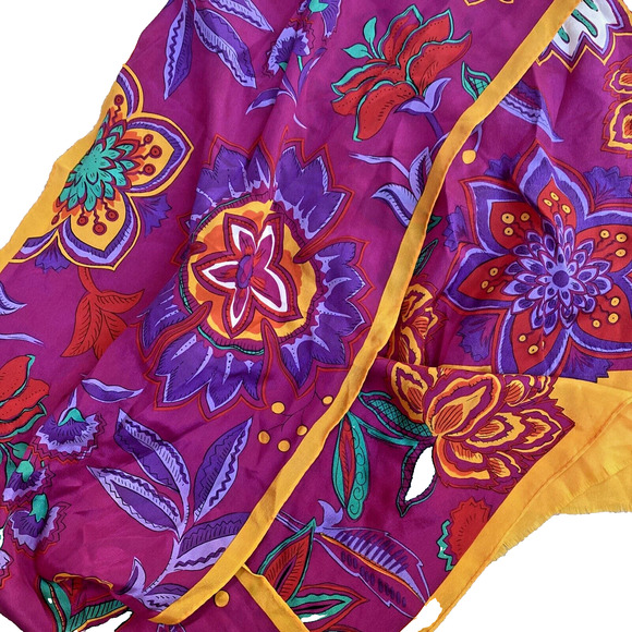 Adrienne Vittadini Silk Scarf Long Rectangle Fringe Ends Mod Flowers Purple Gold - Picture 4 of 7